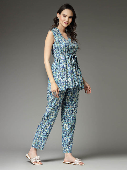 Stylum Women's Printed Rayon Co-Ord set (CSBLUECHERRY)