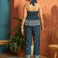 Stylum Women's Blue Solid & Embroidered Cotton Co-Ords Set (CSBLUECOLUMBUS)