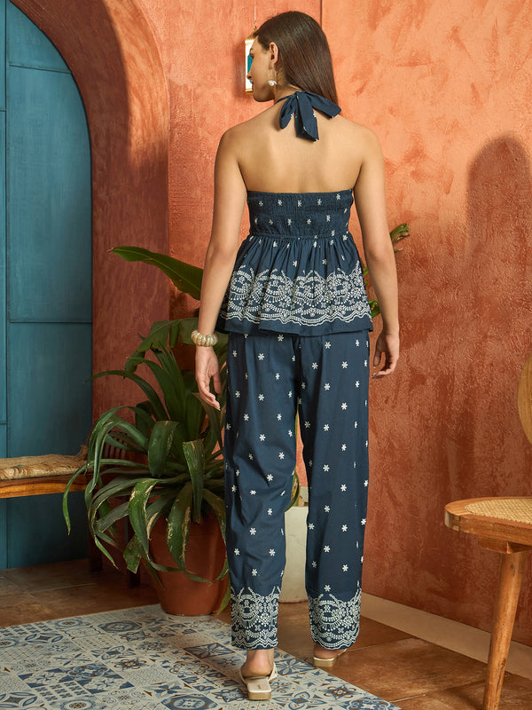 Stylum Women's Blue Solid & Embroidered Cotton Co-Ords Set (CSBLUECOLUMBUS)