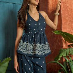 Stylum Women's Blue Solid & Embroidered Cotton Co-Ords Set (CSBLUECOLUMBUS)