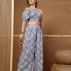 Stylum Women's Blue Animal Printed Cotton Co-Ord Set (CSBLUEKALAM)