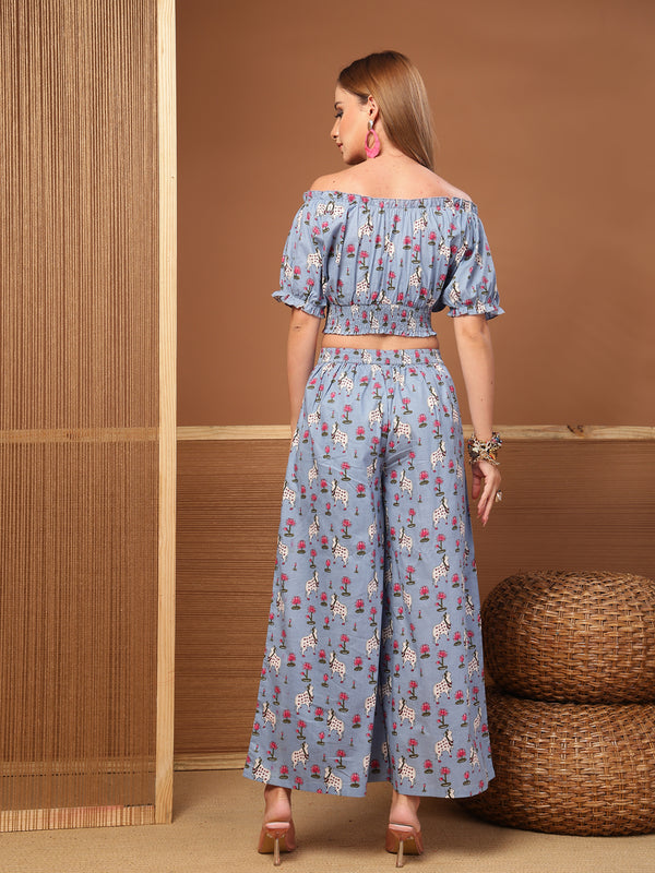 Stylum Women's Blue Animal Printed Cotton Co-Ord Set (CSBLUEKALAM)