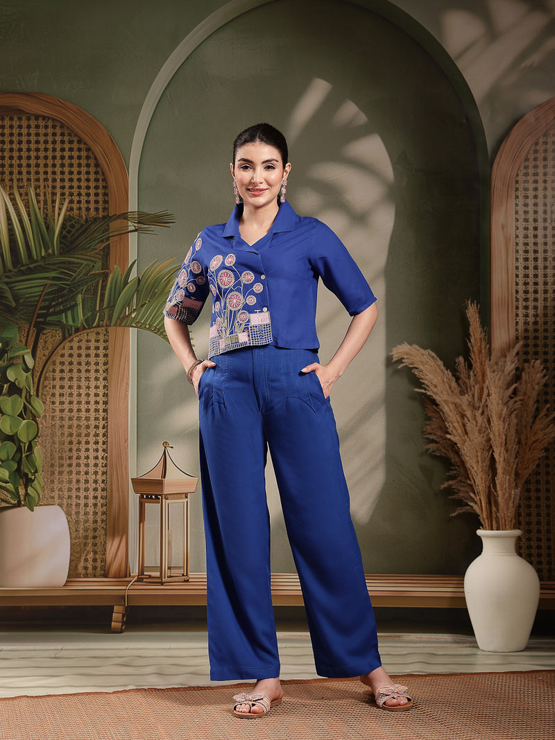 Stylum Women's Blue Solid & Embroidered Rayon Co-Ord Set (CSBLUEKHUBANI)