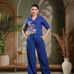 Stylum Women's Blue Solid & Embroidered Rayon Co-Ord Set (CSBLUEKHUBANI)