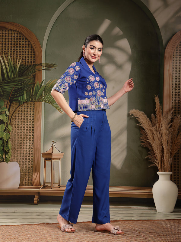 Stylum Women's Blue Solid & Embroidered Rayon Co-Ord Set (CSBLUEKHUBANI)