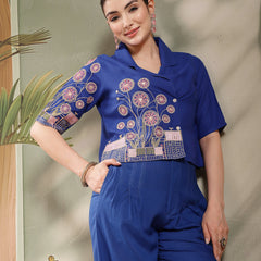 Stylum Women's Blue Solid & Embroidered Rayon Co-Ord Set (CSBLUEKHUBANI)