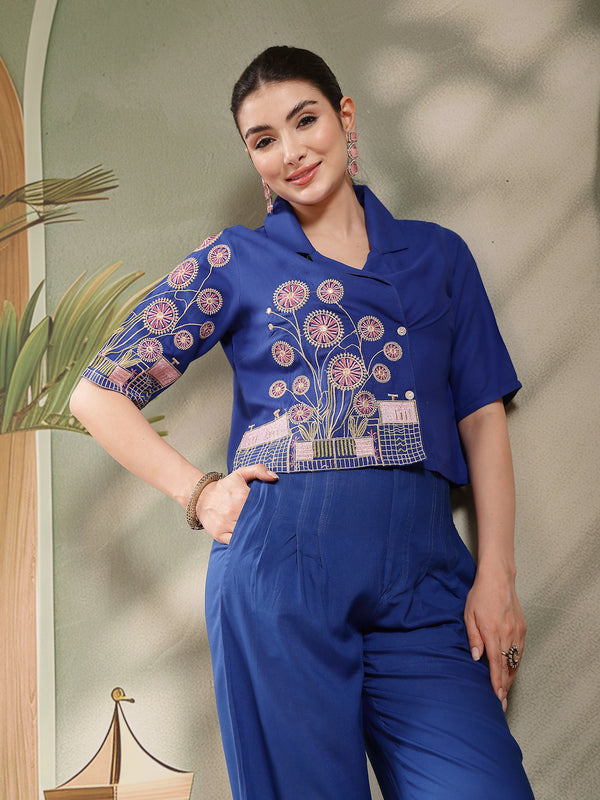 Stylum Women's Blue Solid & Embroidered Rayon Co-Ord Set (CSBLUEKHUBANI)