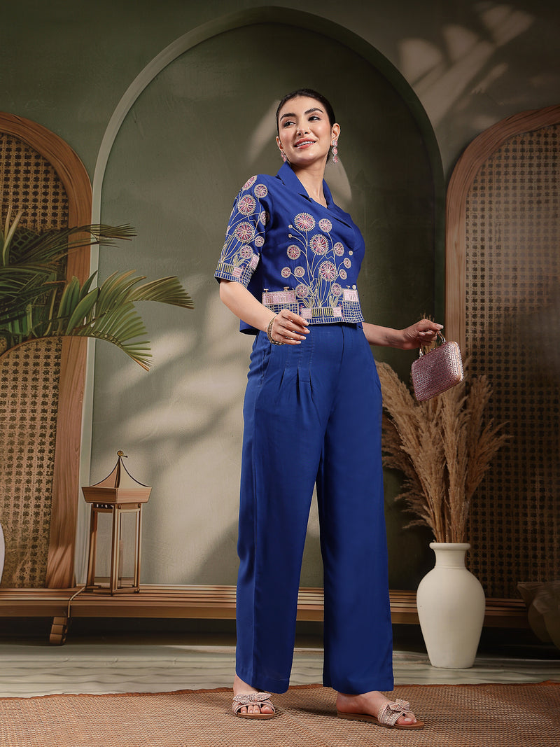Stylum Women's Blue Solid & Embroidered Rayon Co-Ord Set (CSBLUEKHUBANI)