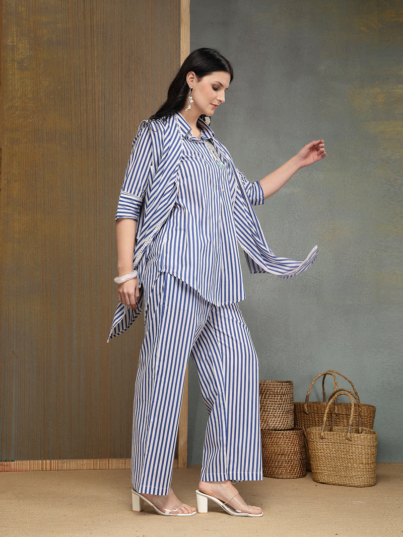 Stylum Women's Blue Striped Printed Cotton High-Low Co-Ords Set (CSBLUEMOB)