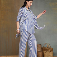 Stylum Women's Blue Striped Printed Cotton High-Low Co-Ords Set (CSBLUEMOB)