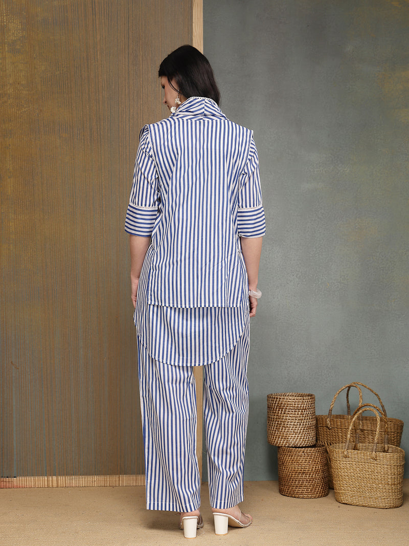 Stylum Women's Blue Striped Printed Cotton High-Low Co-Ords Set (CSBLUEMOB)