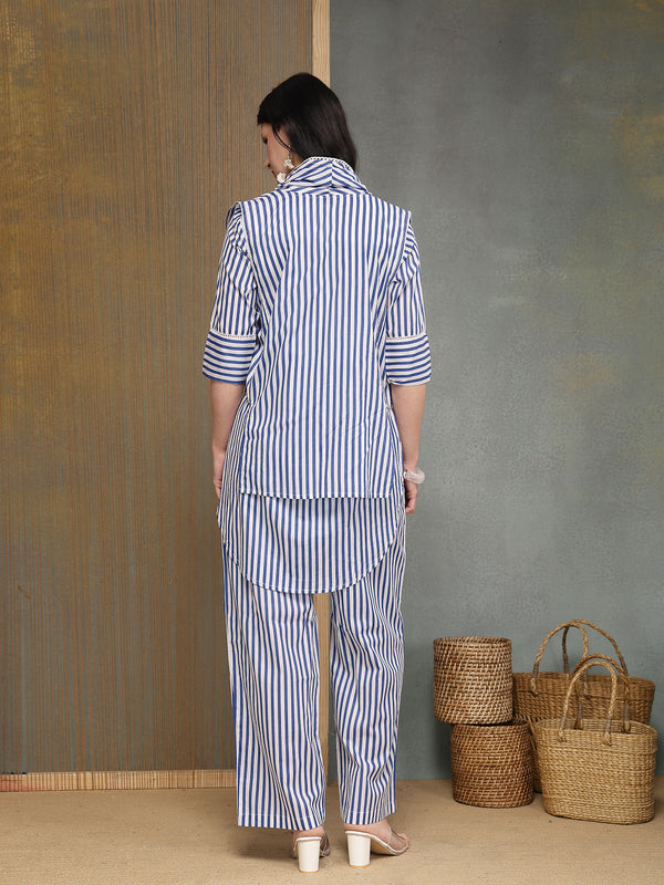 Stylum Women's Blue Striped Printed Cotton High-Low Co-Ords Set (CSBLUEMOB)