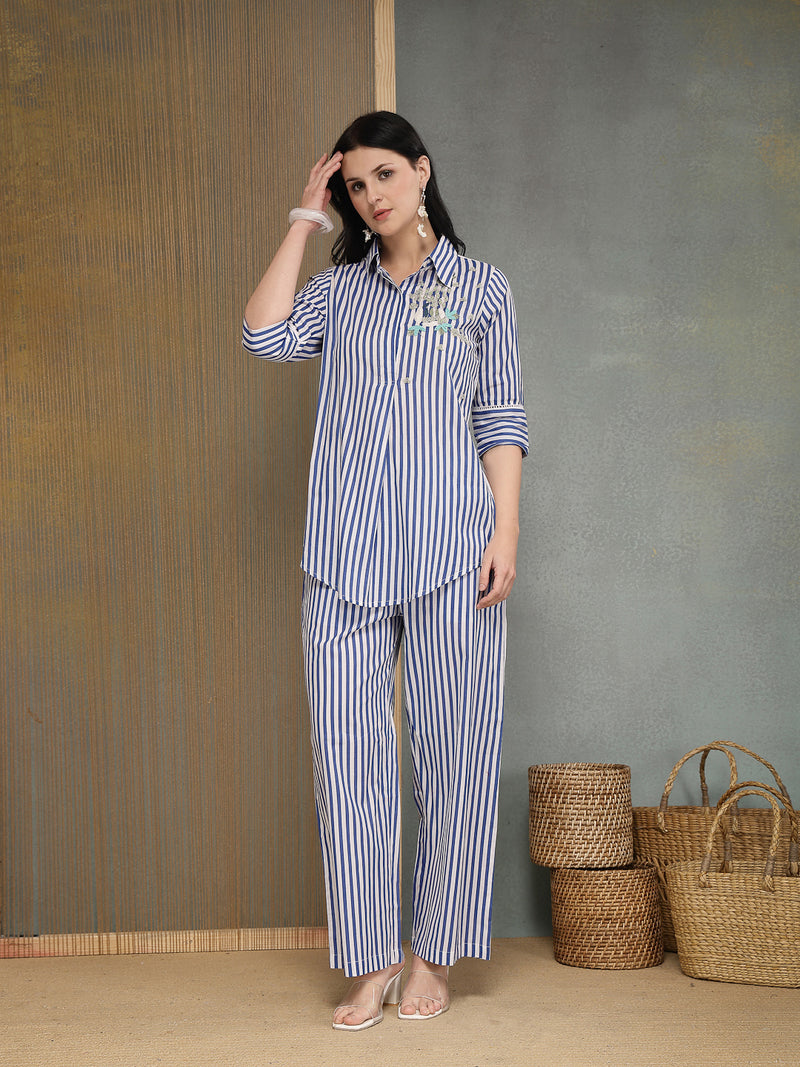 Stylum Women's Blue Striped Printed Cotton High-Low Co-Ords Set (CSBLUEMOB)