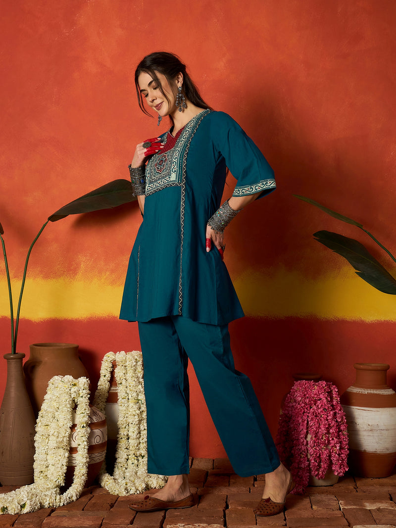 Stylum Women's Blue Solid Cotton Co-Ord Set (CSBLUENOVEL)