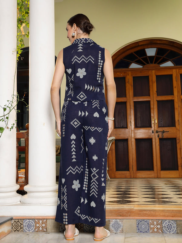 Stylum Women's Blue Geomatric Printed Rayon Slub Co-Ord Set (CSBLUEPLAY)