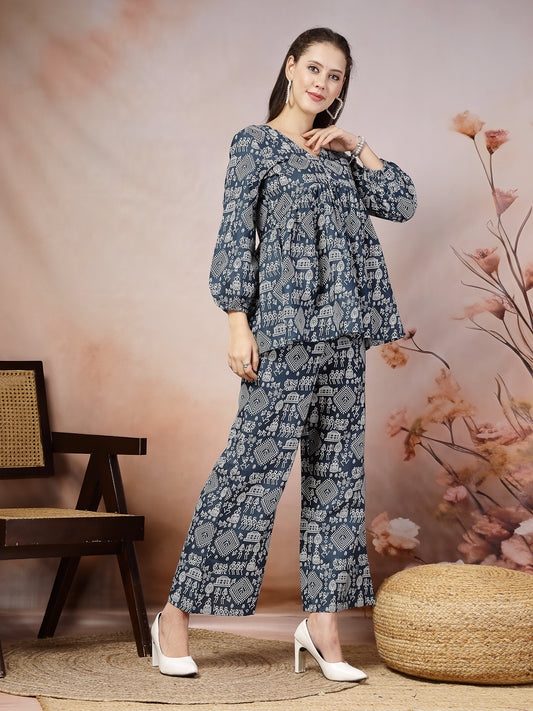 Stylum Women's Quirky Printed Cotton Blend Empire Co-ord Set (CSBLUEPUPPET)