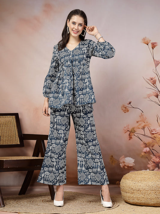 Stylum Women's Quirky Printed Cotton Blend Empire Co-ord Set (CSBLUEPUPPET)