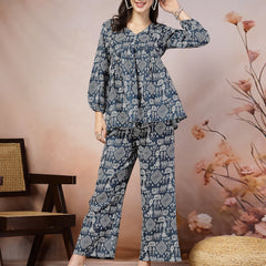 Stylum Women's Quirky Printed Cotton Blend Empire Co-ord Set (CSBLUEPUPPET)