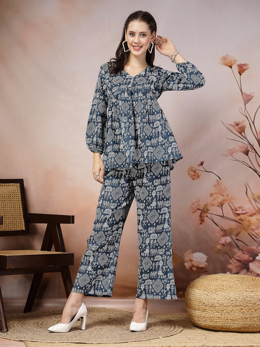 Stylum Women's Quirky Printed Cotton Blend Empire Co-ord Set (CSBLUEPUPPET)