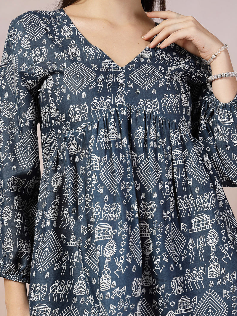 Stylum Women's Quirky Printed Cotton Blend Empire Co-ord Set (CSBLUEPUPPET)