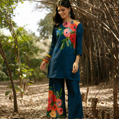 Stylum Women's Blue Hand Painted Cotton Flex Straight Co-Ord Set (CSBLUESAMAR)