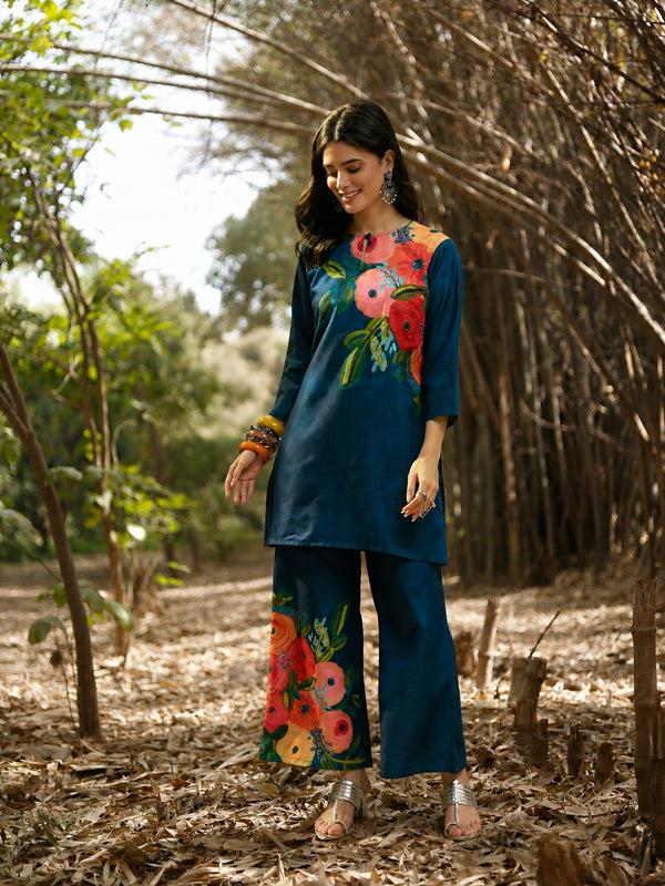 Stylum Women's Blue Hand Painted Cotton Flex Straight Co-Ord Set (CSBLUESAMAR)