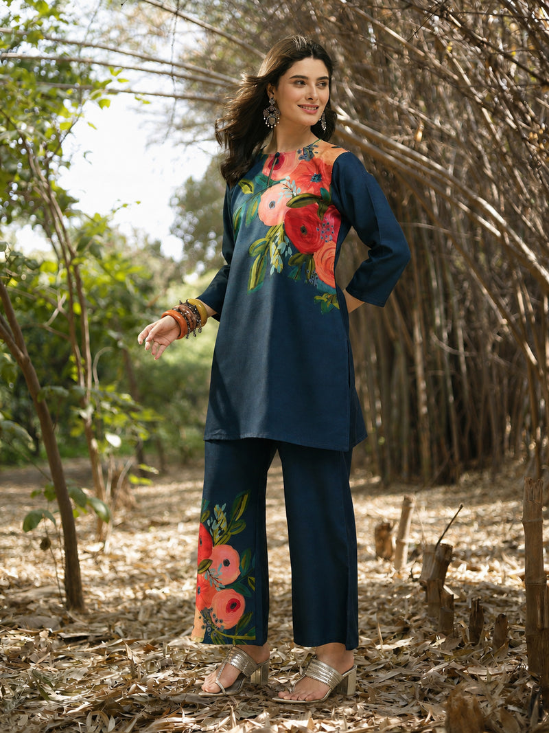 Stylum Women's Blue Hand Painted Cotton Flex Straight Co-Ord Set (CSBLUESAMAR)