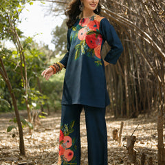 Stylum Women's Blue Hand Painted Cotton Flex Straight Co-Ord Set (CSBLUESAMAR)
