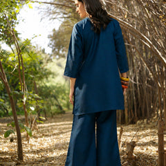 Stylum Women's Blue Hand Painted Cotton Flex Straight Co-Ord Set (CSBLUESAMAR)