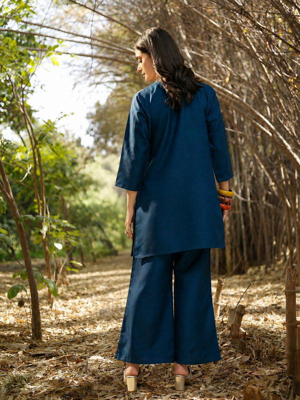 Stylum Women's Blue Hand Painted Cotton Flex Straight Co-Ord Set (CSBLUESAMAR)