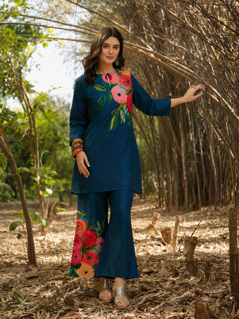 Stylum Women's Blue Hand Painted Cotton Flex Straight Co-Ord Set (CSBLUESAMAR)