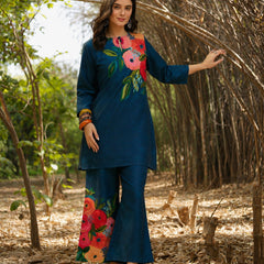 Stylum Women's Blue Hand Painted Cotton Flex Straight Co-Ord Set (CSBLUESAMAR)