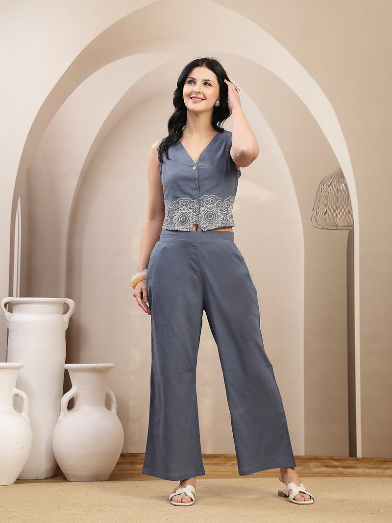Stylum Women's Blue Solid & Embroidered Cotton Co-Ords Set (CSBLUETAFFY)
