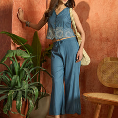 Stylum Women's Blue Solid & Embroidered Cotton Co-Ords Set (CSBLUETAFFY)