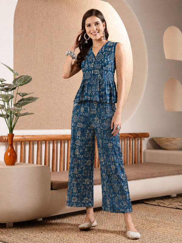 Stylum Women's Blue Warli Tribal Printed Rayon Co-Ord Set (CSBLUEVITAL)