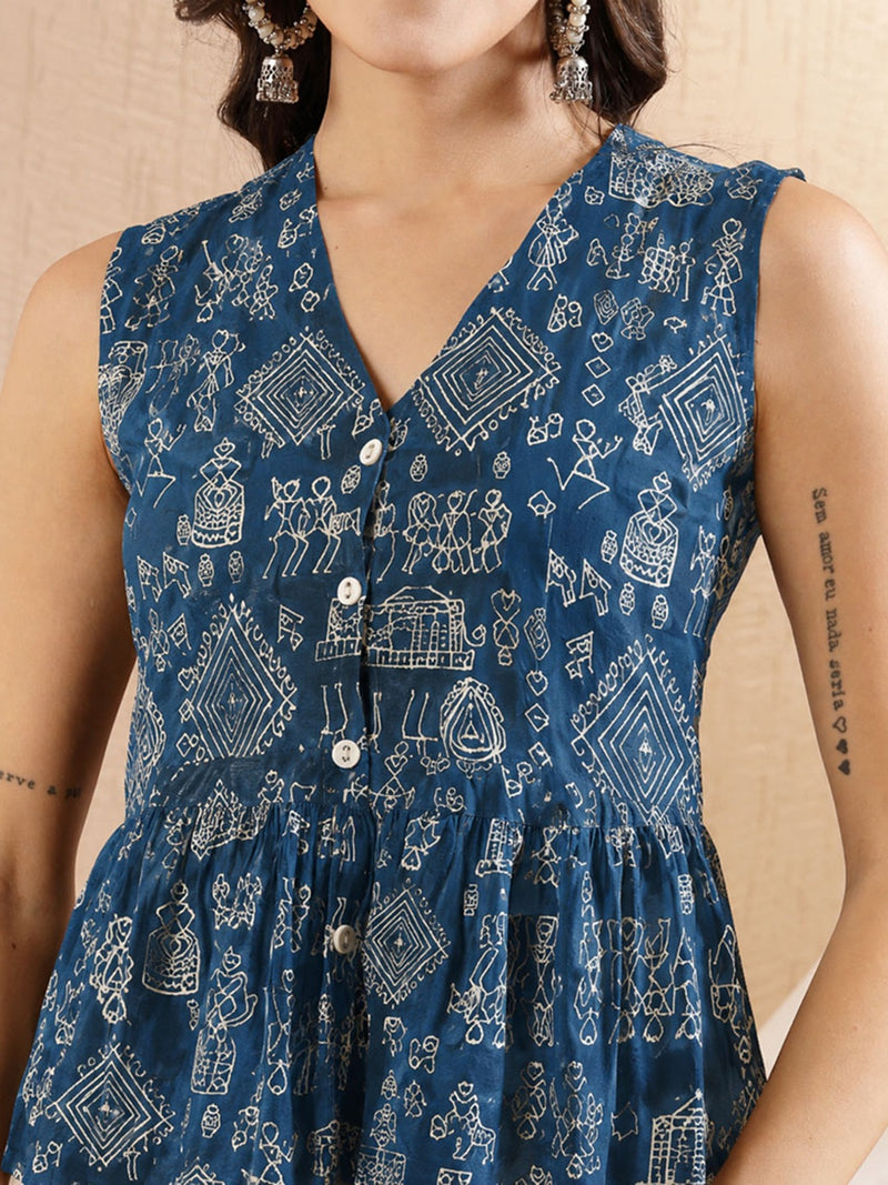 Stylum Women's Blue Warli Tribal Printed Rayon Co-Ord Set (CSBLUEVITAL)