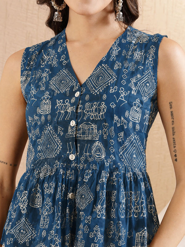 Stylum Women's Blue Warli Tribal Printed Rayon Co-Ord Set (CSBLUEVITAL)
