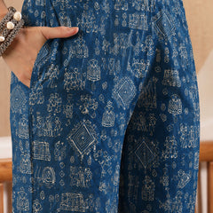 Stylum Women's Blue Warli Tribal Printed Rayon Co-Ord Set (CSBLUEVITAL)