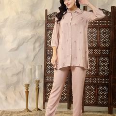Stylum Women's Beige Embroidered Rayon Shirt Style Co-Ord Set (CSBLUSHDUFFY)