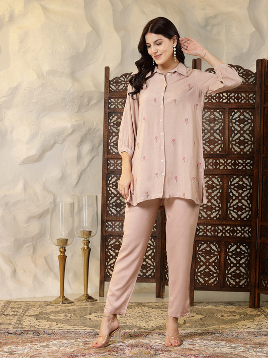 Stylum Women's Beige Embroidered Rayon Shirt Style Co-Ord Set (CSBLUSHDUFFY)