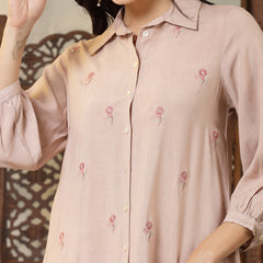 Stylum Women's Beige Embroidered Rayon Shirt Style Co-Ord Set (CSBLUSHDUFFY)