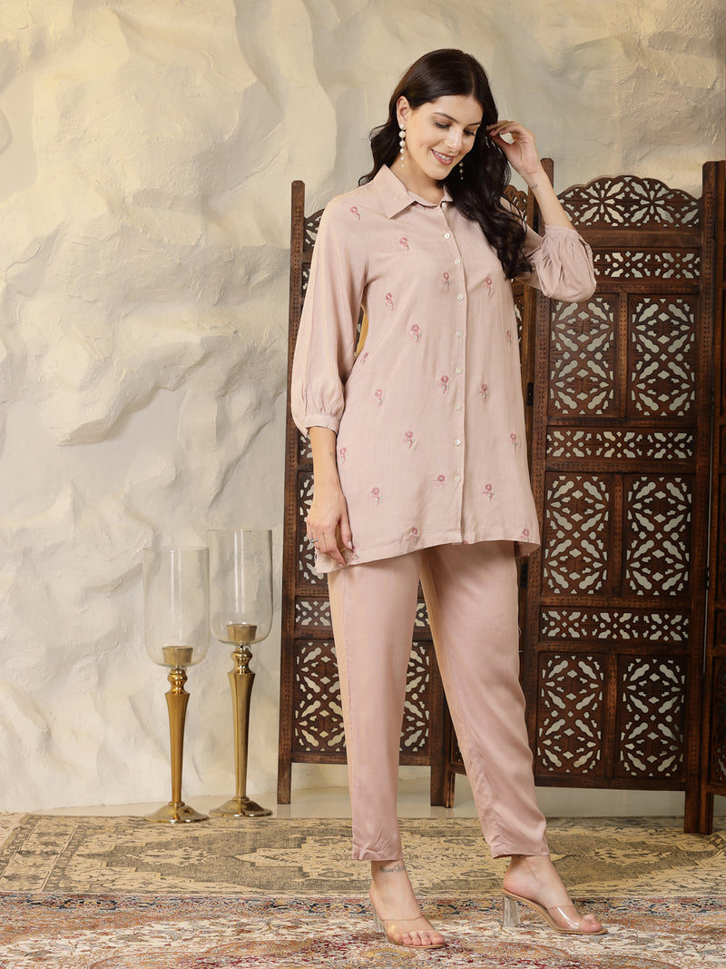 Stylum Women's Beige Embroidered Rayon Shirt Style Co-Ord Set (CSBLUSHDUFFY)