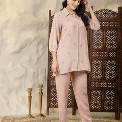 Stylum Women's Beige Embroidered Rayon Shirt Style Co-Ord Set (CSBLUSHDUFFY)