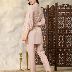 Stylum Women's Beige Embroidered Rayon Shirt Style Co-Ord Set (CSBLUSHDUFFY)