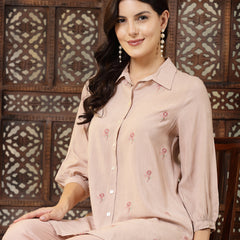 Stylum Women's Beige Embroidered Rayon Shirt Style Co-Ord Set (CSBLUSHDUFFY)