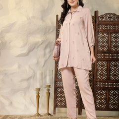 Stylum Women's Beige Embroidered Rayon Shirt Style Co-Ord Set (CSBLUSHDUFFY)