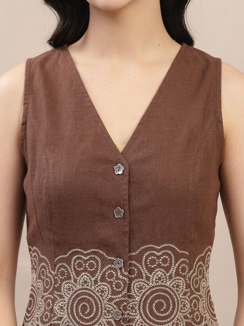 Stylum Women's Brown Solid & Embroidered Cotton Co-Ord Set (CSBROWNTAFFY)