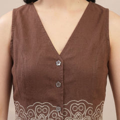 Stylum Women's Brown Solid & Embroidered Cotton Co-Ord Set (CSBROWNTAFFY)