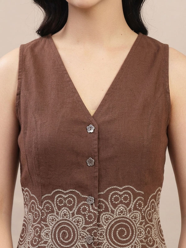 Stylum Women's Brown Solid & Embroidered Cotton Co-Ord Set (CSBROWNTAFFY)