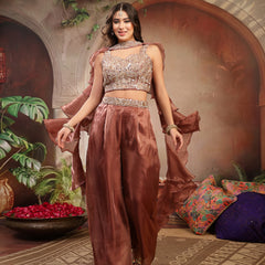 Stylum Women's Brown Solid & Embroidered Organza Co-Ords Set (CSBROWNVANYA)
